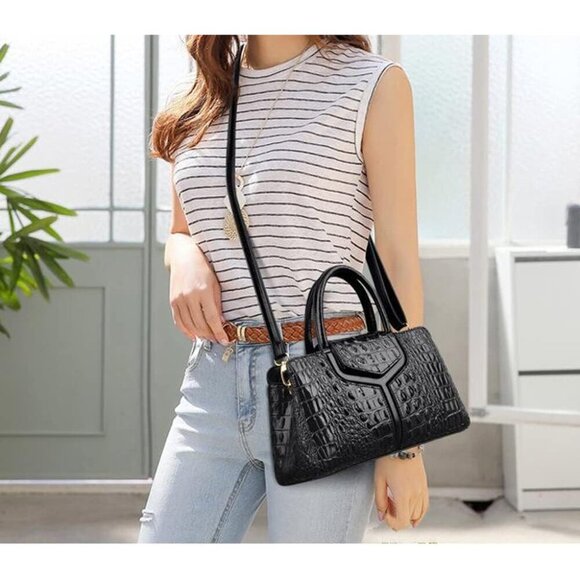 🆕Women's Black Handle Purse Crocodile Faux Leather Tote Zipper Shoulder Bag - Picture 3 of 7